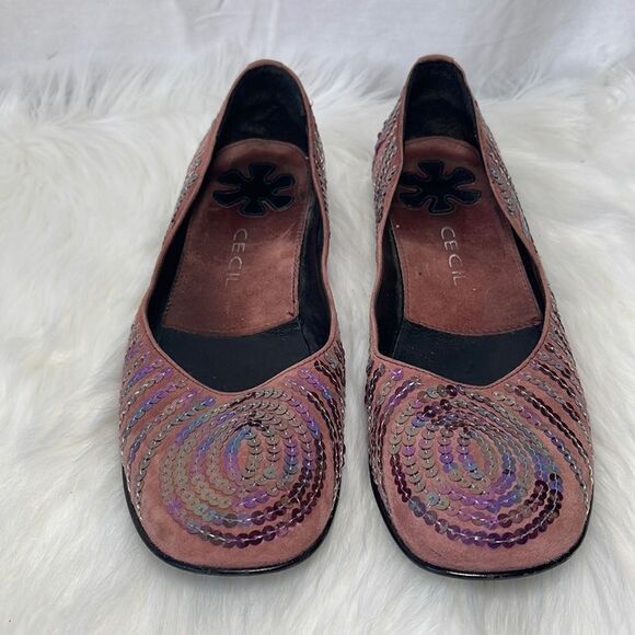 Cecil Dusty Plum Suede Vintage Sequined Flats Sz 40/US 10 - Picture 2 of 6